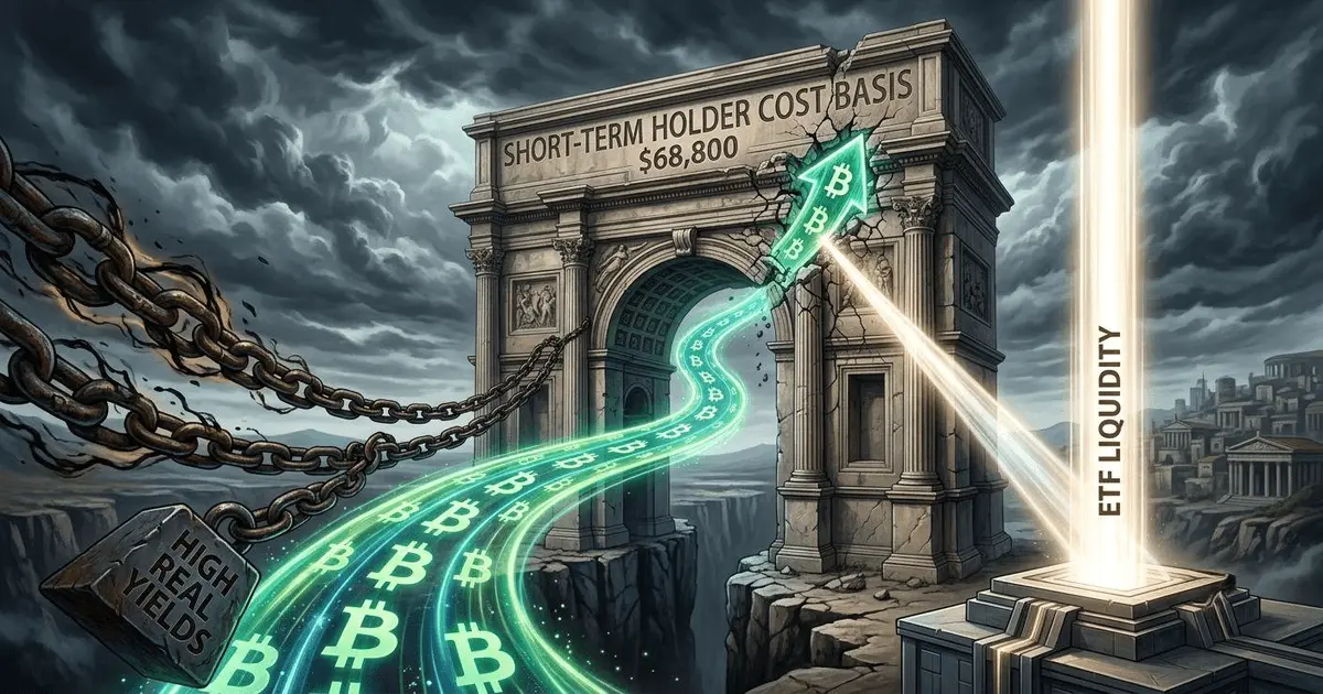 Glowing Bitcoin path breaking through stone archway resistance at $68,800.
