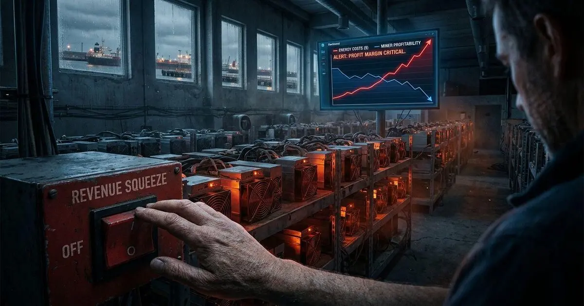 A worn hand on a power switch in a distressed Bitcoin mining facility.