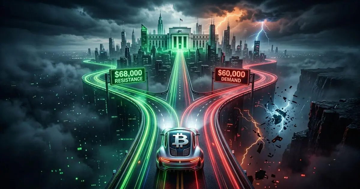 Bitcoin vehicle at digital highway fork with green and red paths.