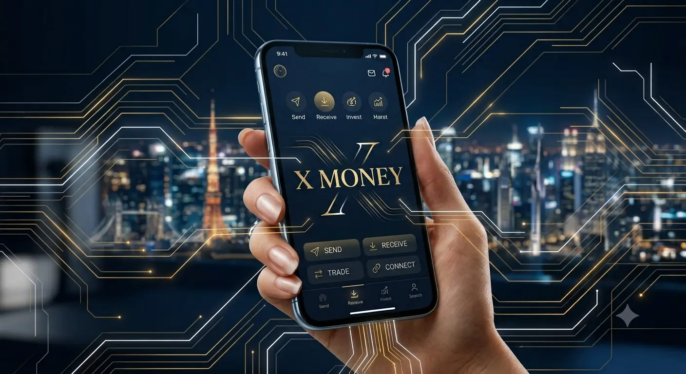 A cinematic close-up shot of a modern smartphone held firmly in a tech studio. The glowing screen displays refined gold and white typography reading