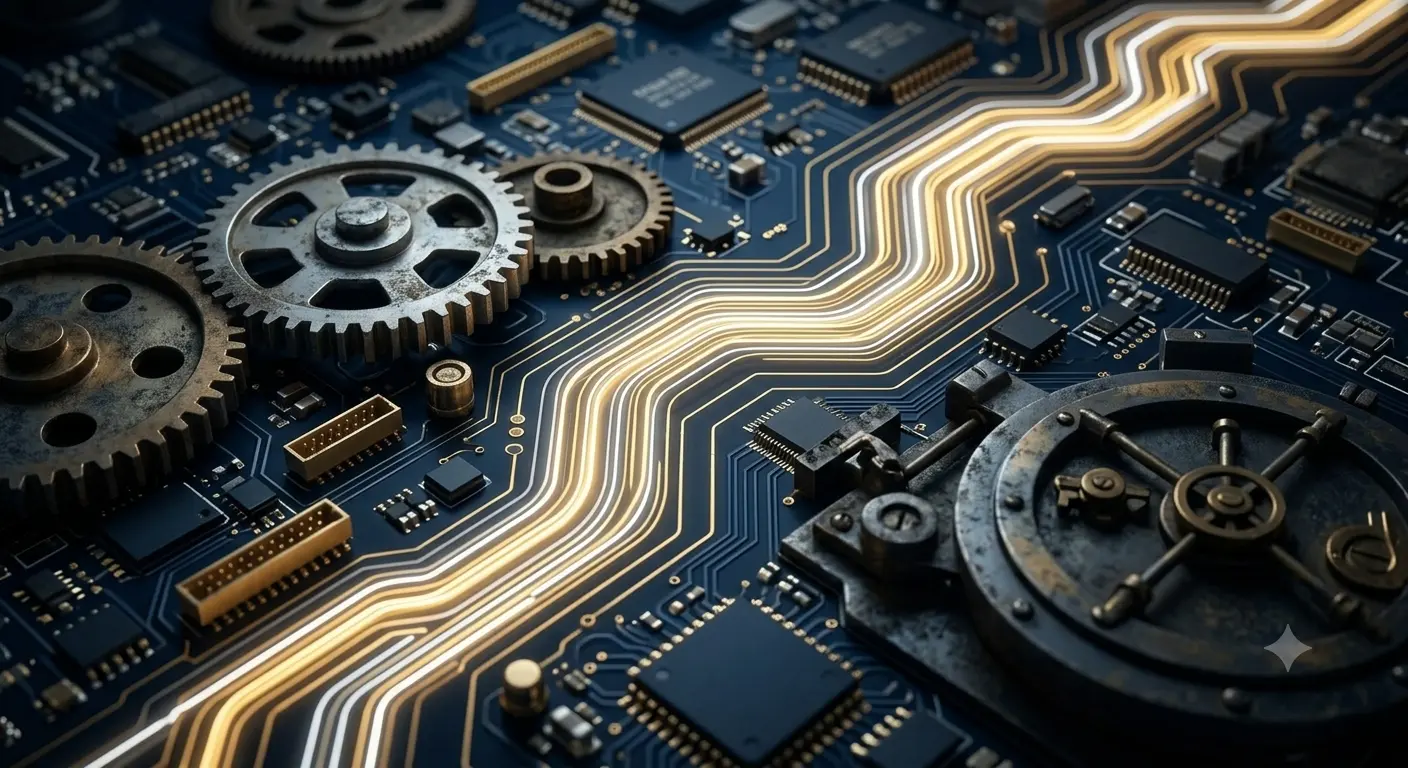 A close-up macro photograph of an intricate circuit board made of deep navy (#001021) material. A stylized glowing gold and crisp white digital artery representing powerful data streams flows smoothly and powerfully through the maze of modern circuits, easily bypassing and rendering ancient, tarnished silver and bronze gears and obsolete bank vault mechanisms that are dark and motionless. High contrast lighting.