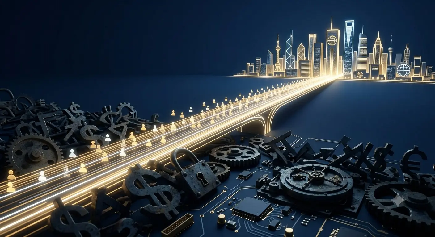 A minimalist, dramatic landscape bathed in deep navy light. In the foreground, a beautifully designed bridge constructed from glowing gold and white light stretches forward, cutting cleanly through a field of abstract, sharp, dark, and confusing financial symbols (technical friction). In the distance, at the bright bridge’s end, a clean, welcoming, and vibrant city of light (mass adoption) is visible. Miniature glowing user icons stream across the bridge.