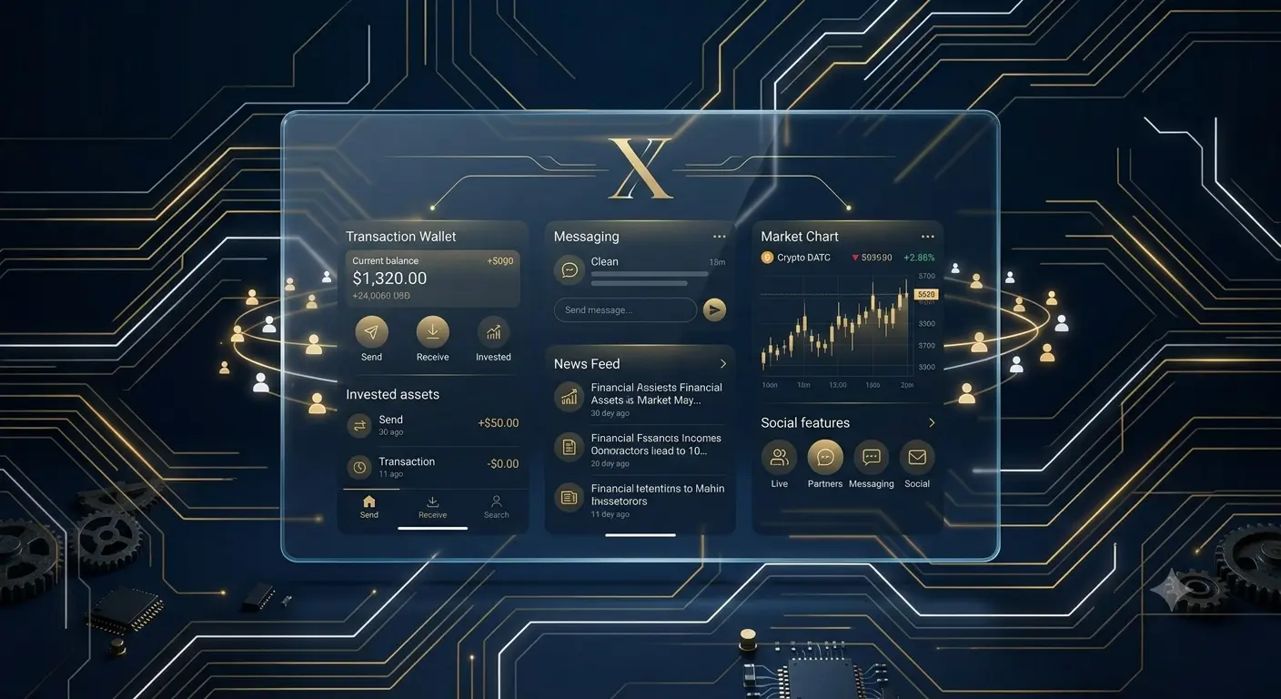 A medium shot of a modern, minimalist digital interface visualized as a large, clean pane of glass floating in a dark studio. On this single glass window, various glowing gold and white digital apps and financial functions are organized neatly and accessibly: a transaction wallet, a messaging interface, a news feed, a market chart, and social features, all unified and centered under a single, refined gold 'X' logo. Lighting highlights the elegant layout.