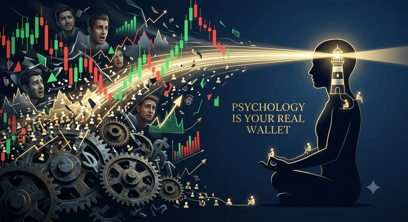 A dynamic, metaphorical image with high contrast. On the left side, a turbulent storm of fragmented green and red stock market candlestick patterns, jagged graphs, and anxious user faces is chaotic. On the right side, a serene, composed human silhouette is sitting in a mindful, meditating pose. Inside the silhouette's head is a clear, perfectly balanced, and tranquil glowing gold and white lighthouse, radiating a steady light that cuts through the chaos. Subtle elegant text 'PSYCHOLOGY IS YOUR REAL WALLET' is embedded near the silhouette.