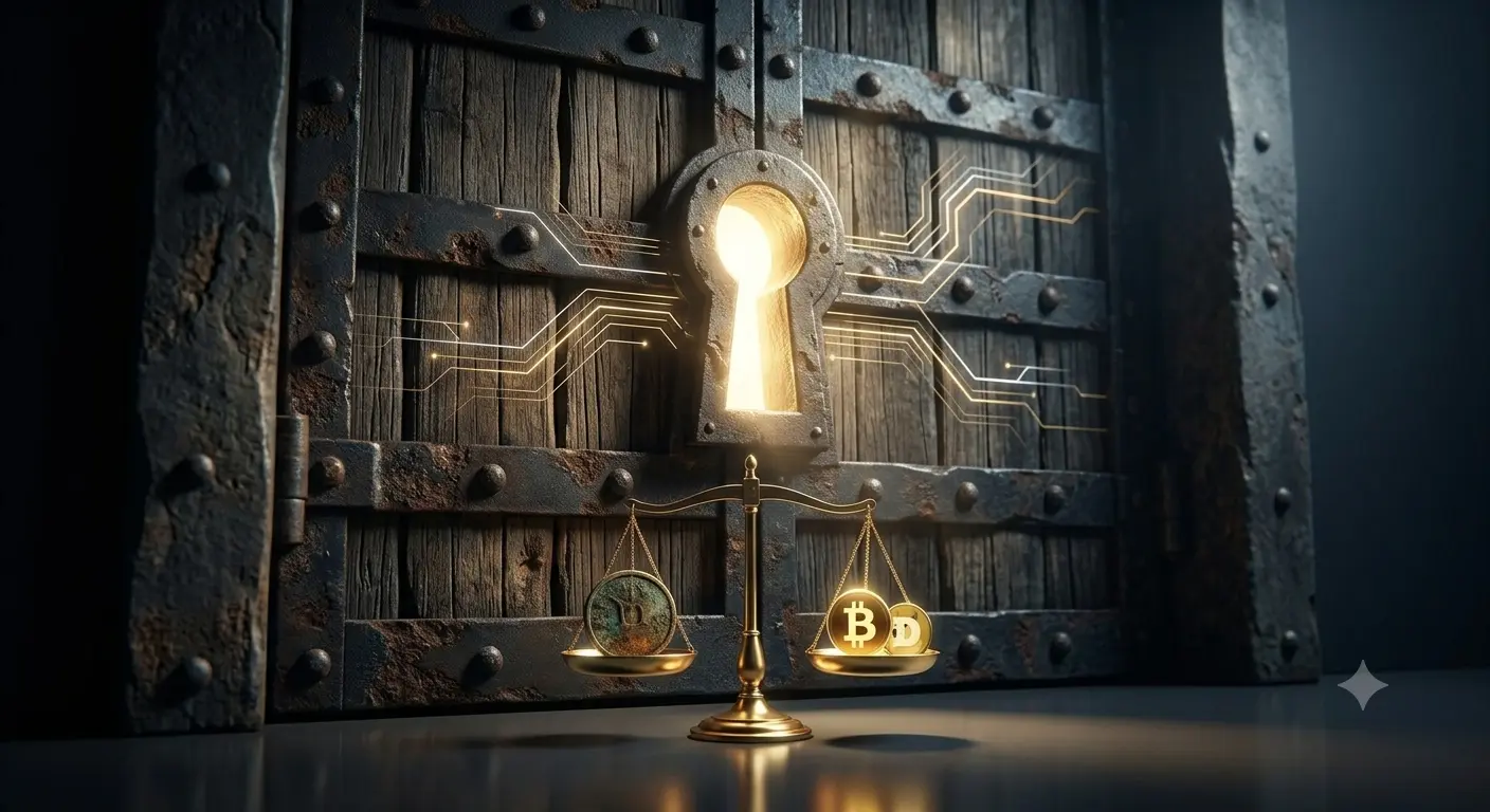 A cinematic, close-up shot focusing on a heavy, ancient, closed door made of dark metal and wood, representing Legacy Banking. The perspective is very close to the keyhole, which is glowing intensely from the other side with refined gold and white light, casting dynamic shadows. Just beneath the door, on the dark, reflective floor, a simple set of elegant gold scales is visible, perfectly balanced. On one scale pan, a tarnished bronze coin sits; on the other, a small glowing gold BTC icon and a DOGE icon sit. Mysterious and high-contrast lighting.