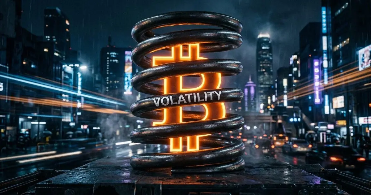 Bitcoin logo compressed by a spring representing low market volatility