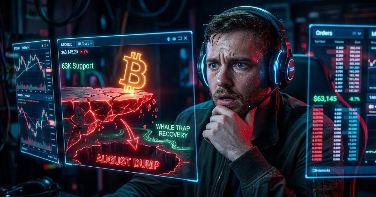 Crypto trader analyzing Bitcoin support levels and market dump risks on holographic screens.