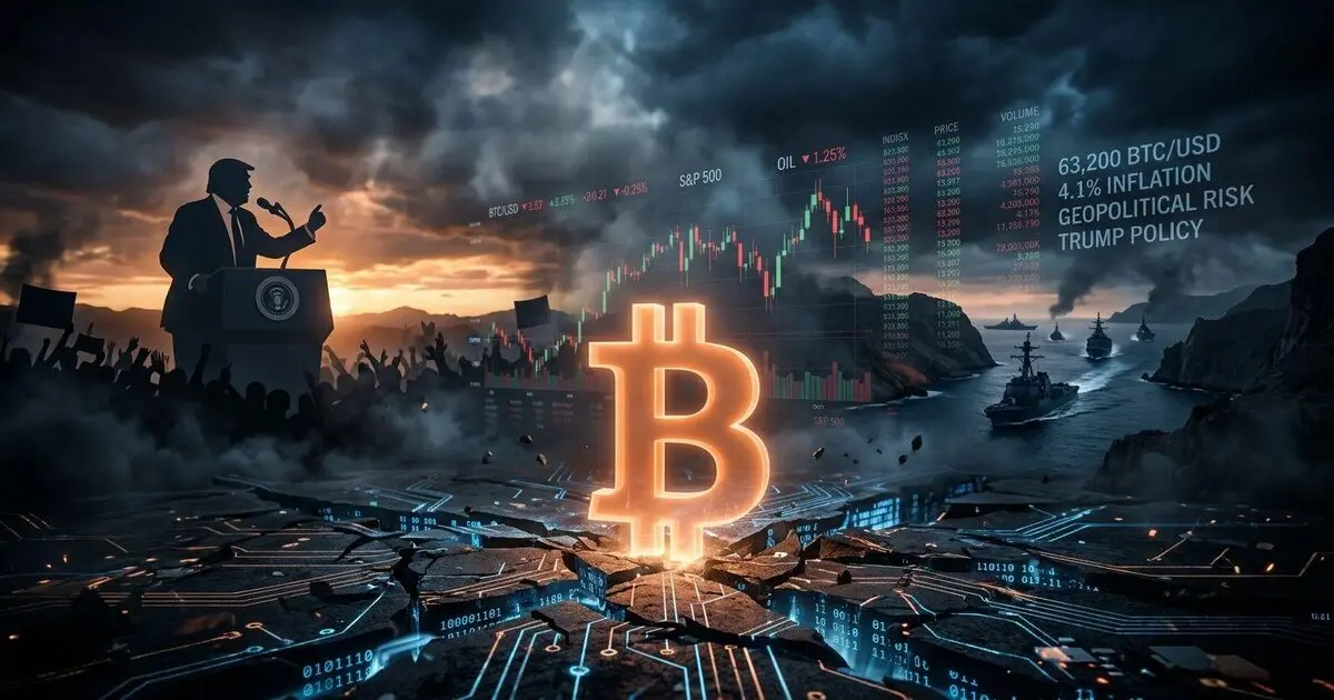 Bitcoin symbol with political and military silhouettes.