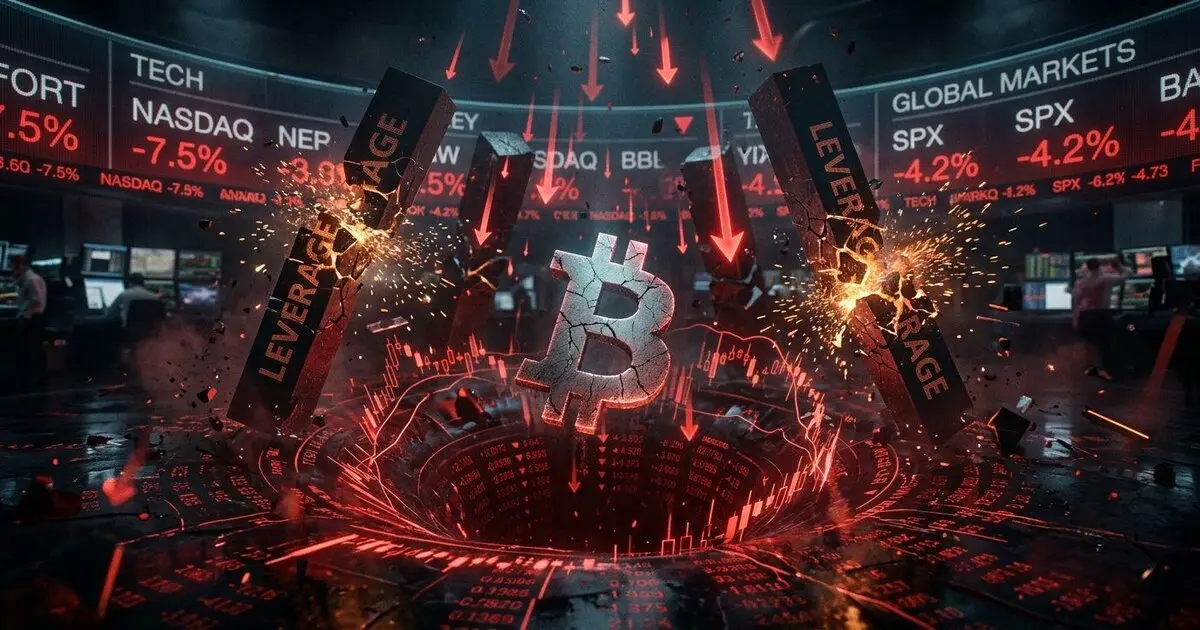 Bitcoin logo amidst red downward trading charts and liquidation indicators.