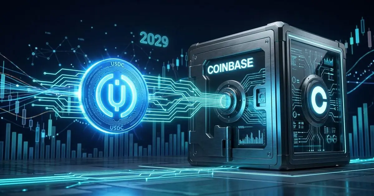 Coinbase vault connected to USDC coin by glowing neon circuits.
