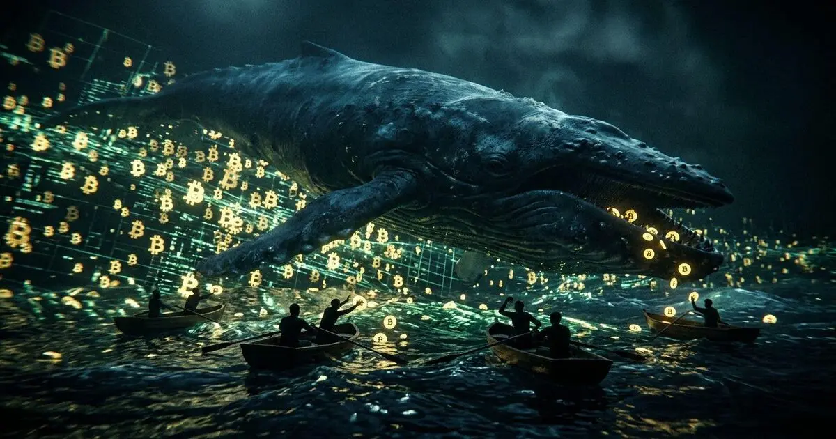 Massive digital whale swallows Bitcoins from small panic-stricken rowboats in a high-contrast crypto ocean.