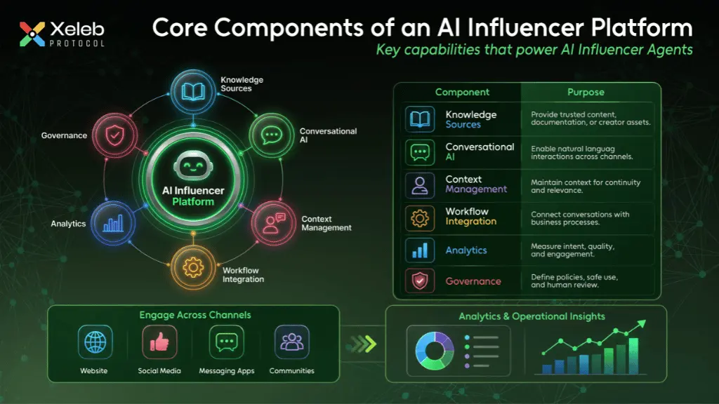Core components that enable AI Influencer Agents to deliver trusted, context aware, and scalable customer engagement across every channel.