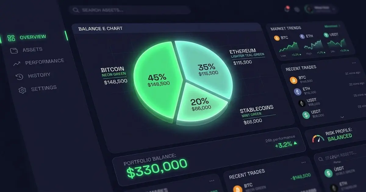 Digital dashboard showing balanced crypto portfolio pie chart.