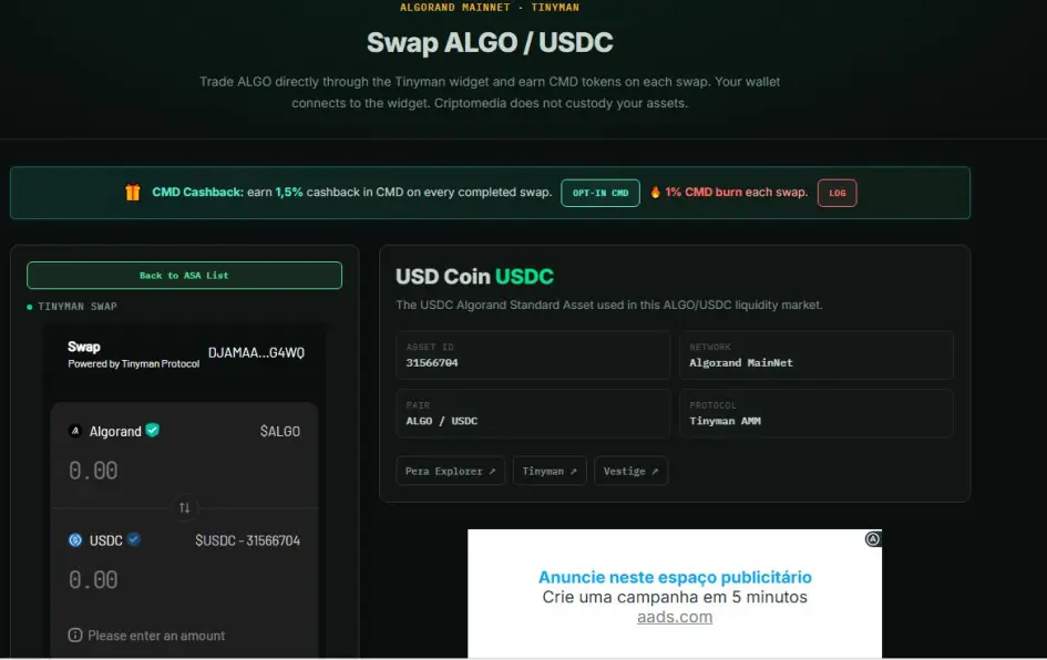 algo usdc criptomedia swap tinyman widget
