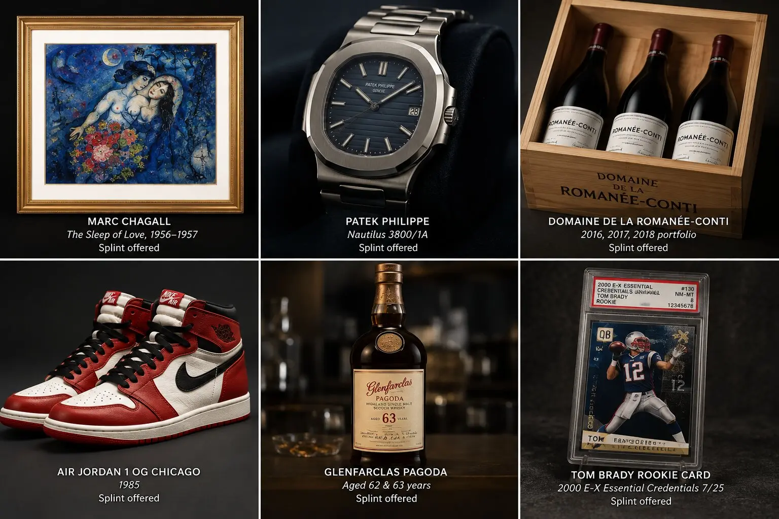 Examples of Splint Invest collectibles: art, a luxury watch, fine wine, rare sneakers, whisky and a sports card.