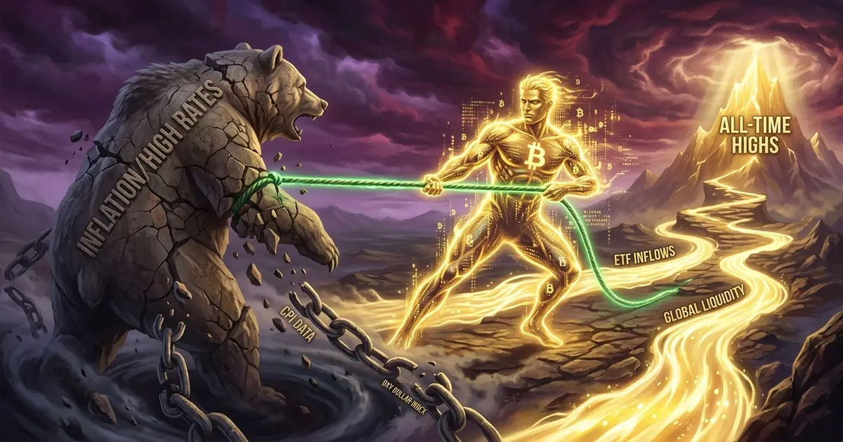 Golden Bitcoin figure winning a tug of war against a stone inflation bear statue pointing towards all-time highs path.