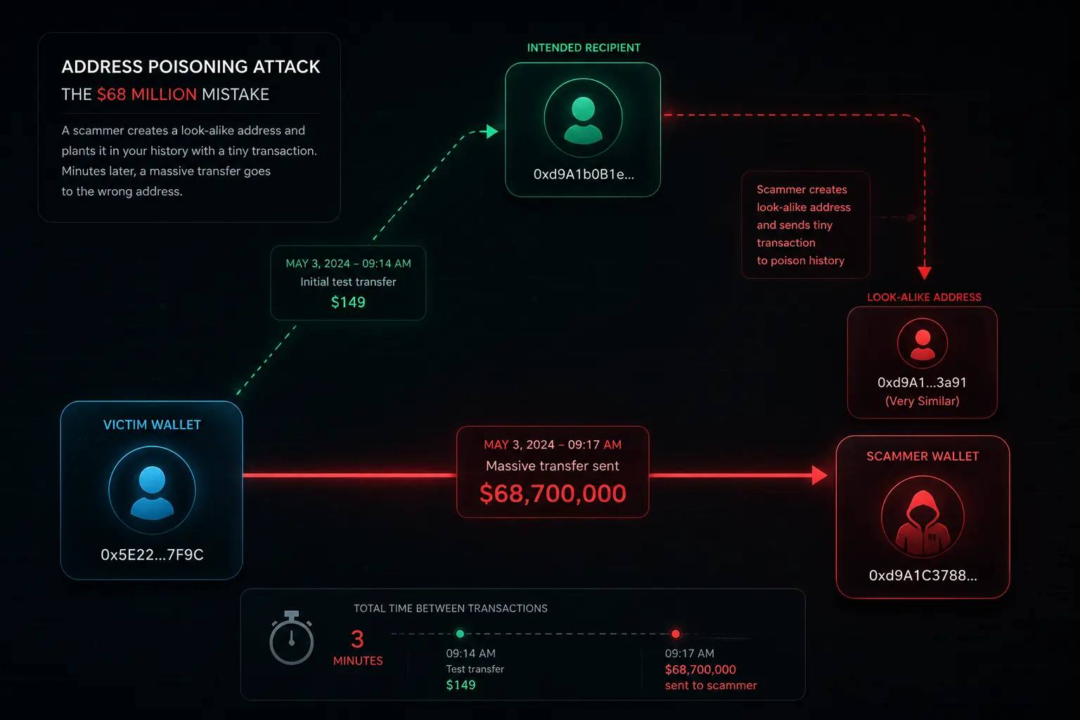 Dark cybersecurity infographic showing how an address poisoning scam caused a victim to send $68.7 million in crypto to a look-alike wallet address.