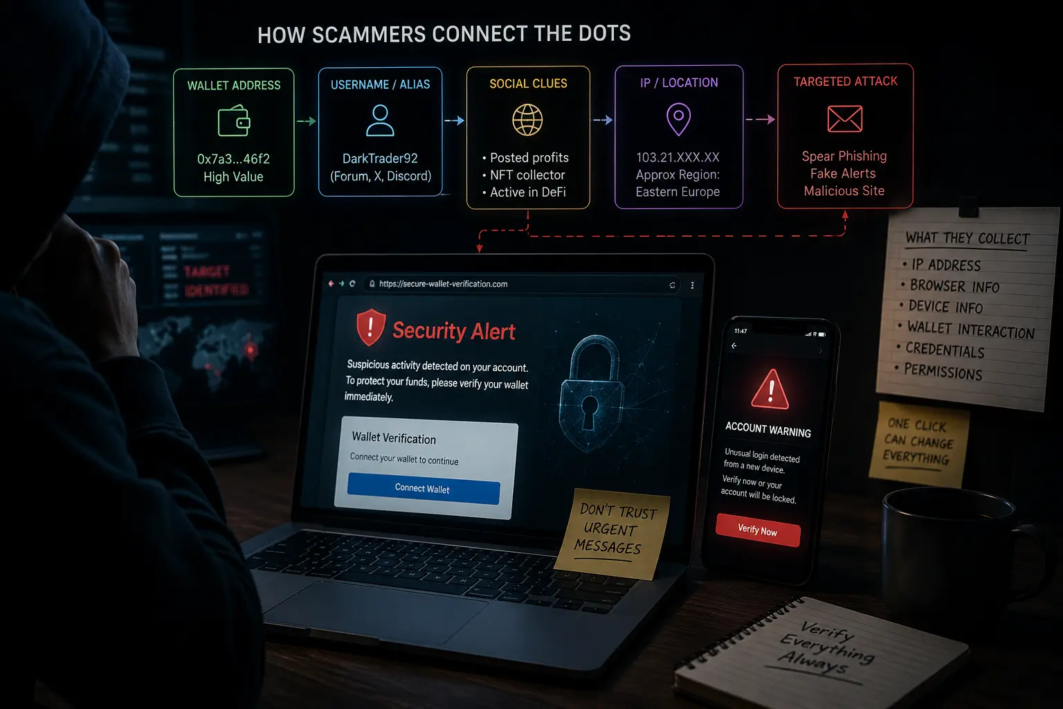 Cybersecurity illustration showing how scammers combine a crypto wallet address, online identity, social clues and IP information to create a targeted phishing attack.