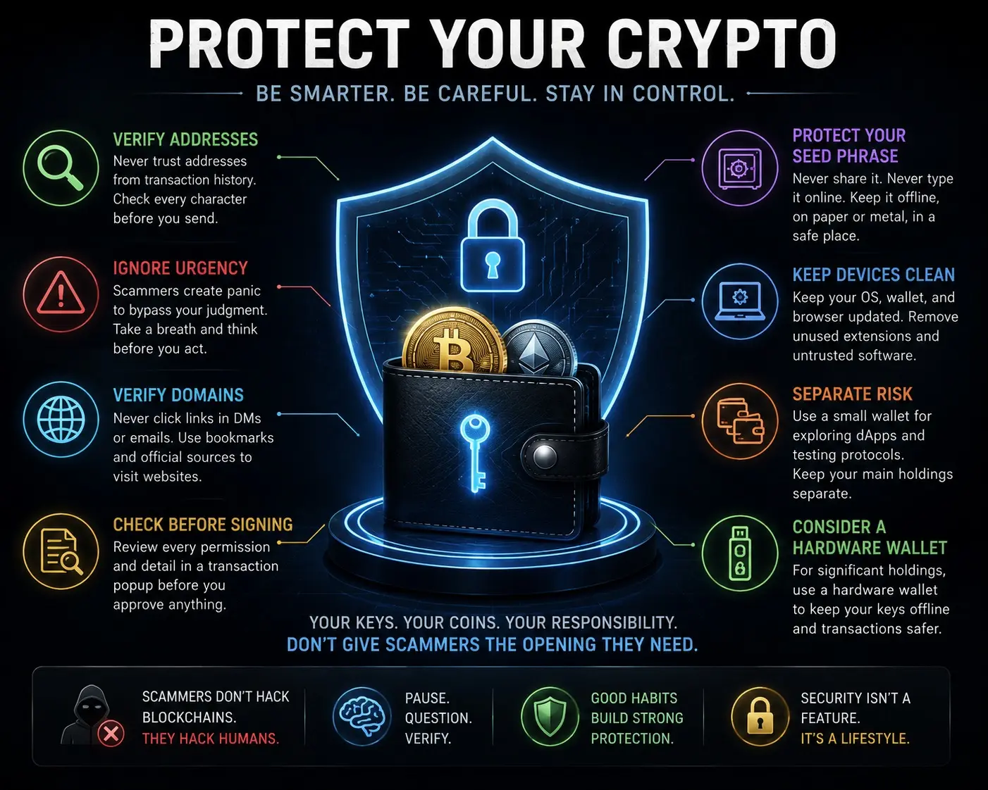 Crypto security infographic showing key steps to protect digital assets, including verifying wallet addresses, avoiding phishing links, protecting seed phrases, checking transaction permissions, securing devices, and using hardware wallets.
