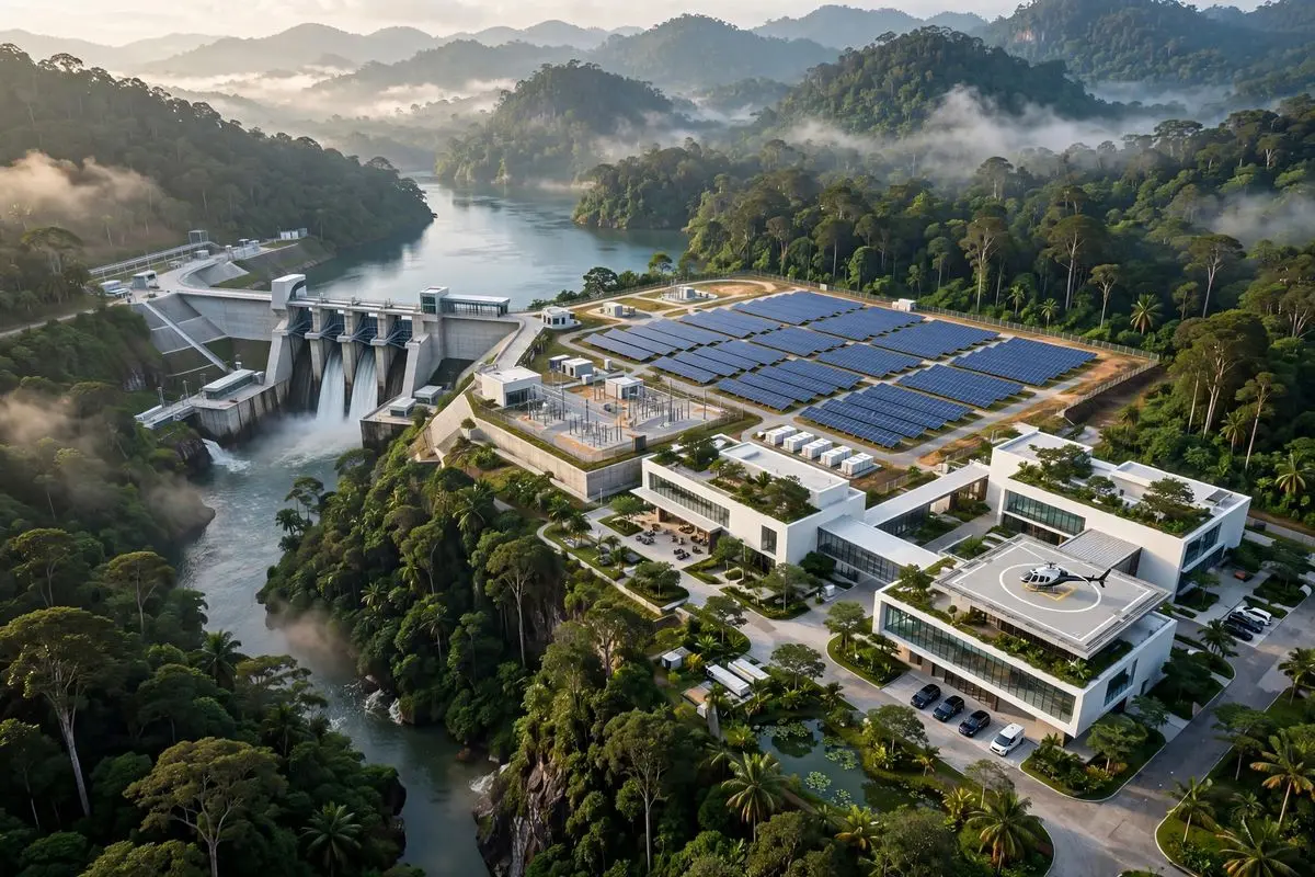 Elite corporate model of 20MW hydro and solar power plant in interior Kalimantan Borneo jungle for green crypto mining, modern dam, solar panels, helipad, corporate buildings