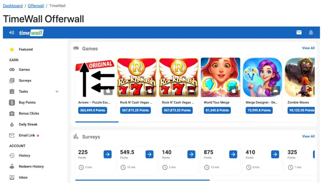 The TimeWall offerwall inside Publish0x, with games and surveys