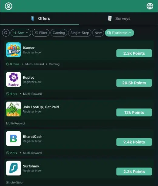 The PubScale offerwall, with game and app offers