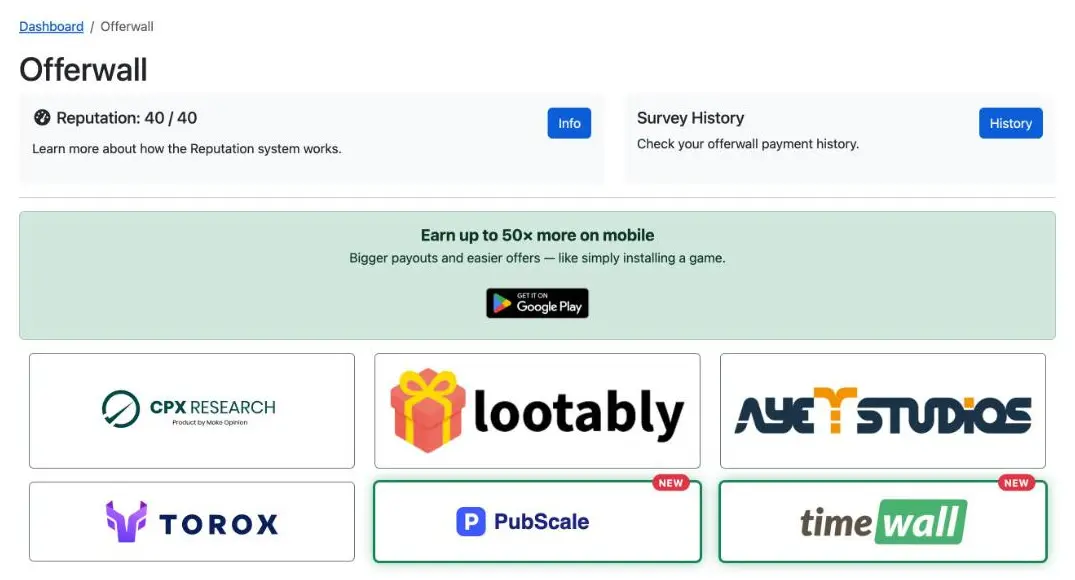 The Publish0x Offerwall page with the new PubScale tile