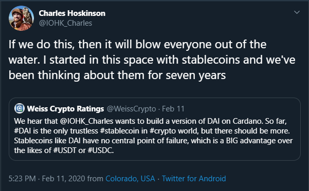 Charles Hoskinson stablecoin tweet