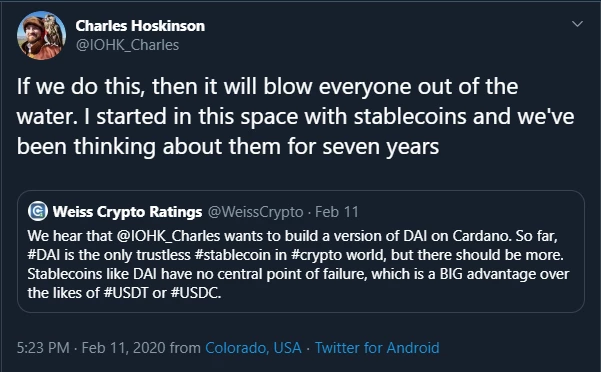 Charles Hoskinson stablecoin tweet