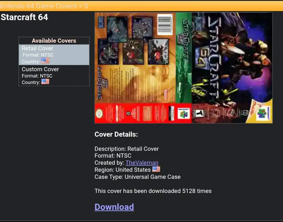 A click away from downloading StarCraft retail cover for the Nintendo64
