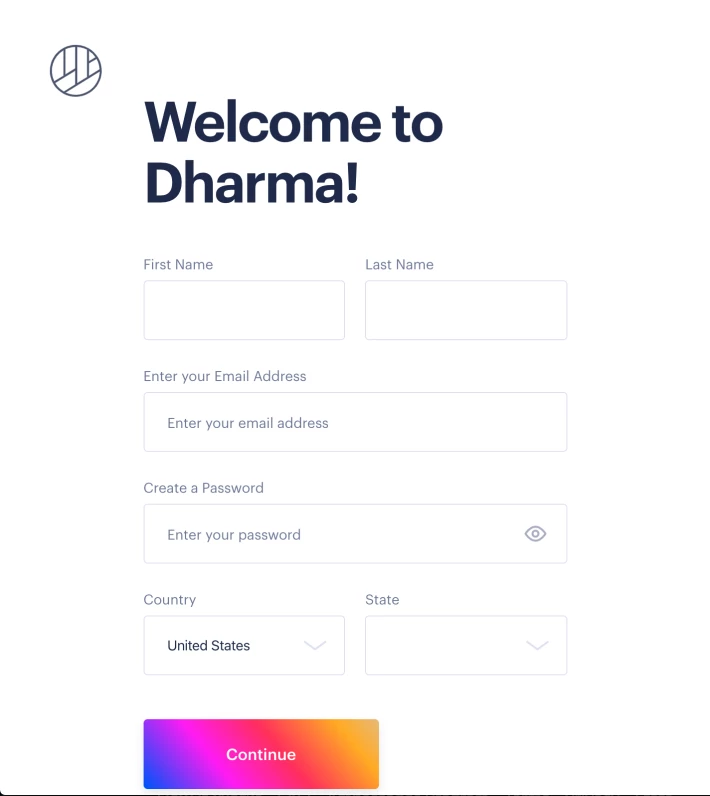 a screenshot of the dharma.io website sign up flow
