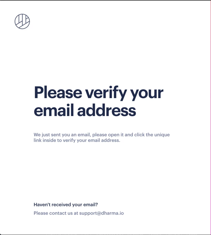 a screenshot of the dharma.io website asking to verify account email