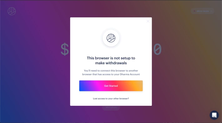 modal on the dharma.io website about it not being set up for withdrawls