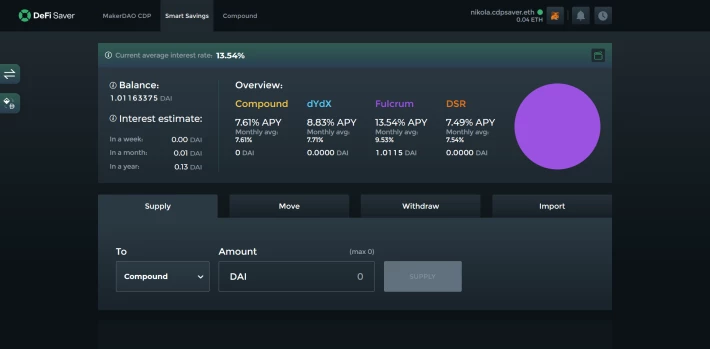 DeFi Saver's Smart Savings dashboard