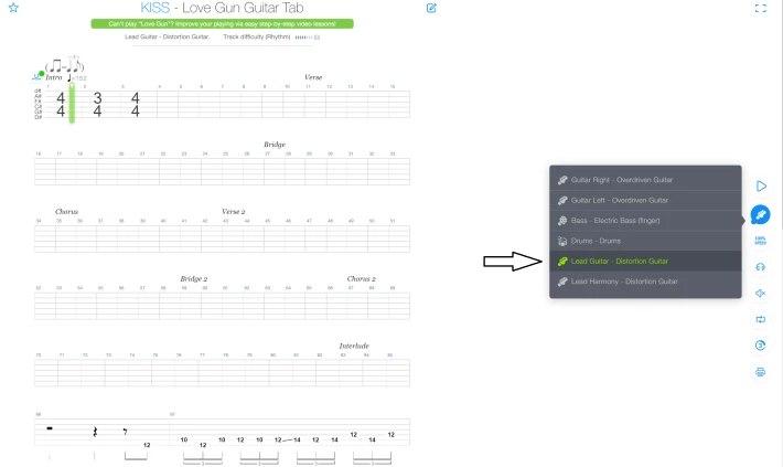 Selecting The Lead Guitar Track. The Tab Will Change To Show Just The Parts This Instrument Plays In The Mix