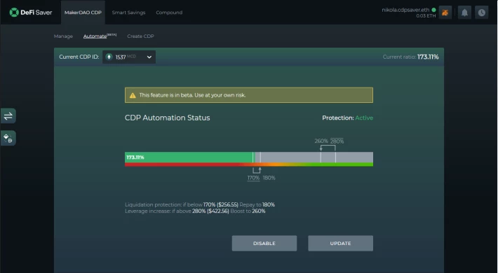 DeFi Saver Automation configuration screen