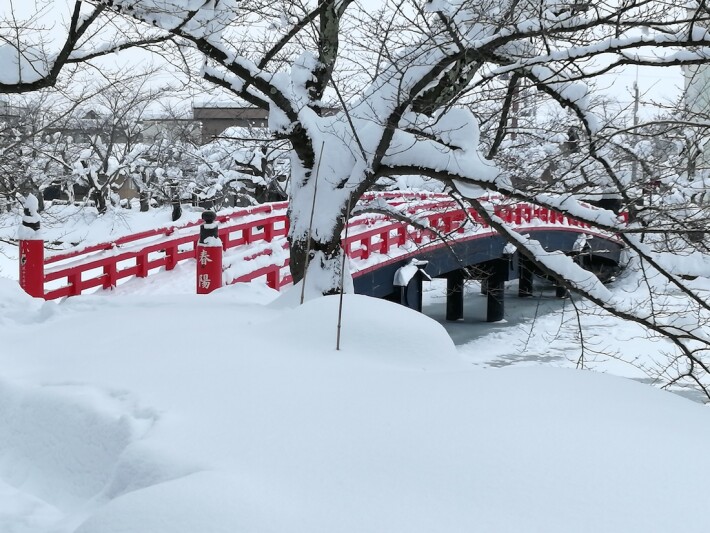 hirosaki red bridge and white snow