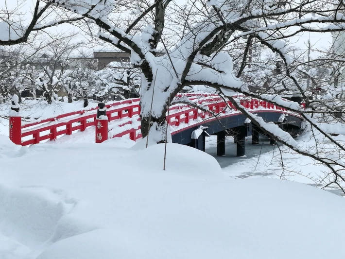 hirosaki red bridge and white snow