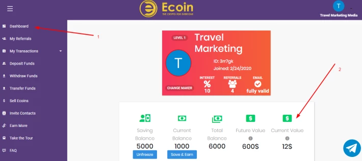 ecoin wallet dasboard