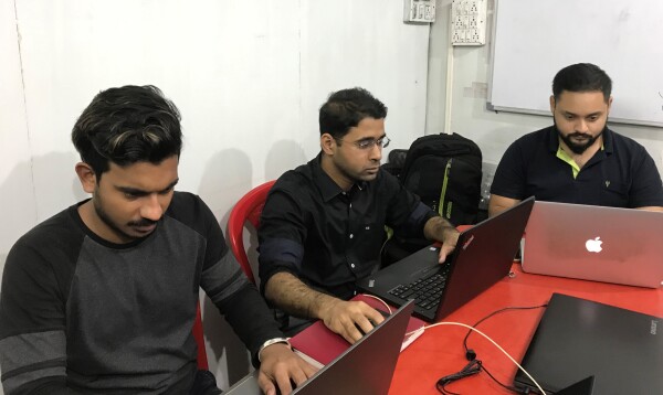 One of the many all-nighters we pulled to get GoDial off the ground within a fortnight. L-R is Sourik, yours truly and Avijit cramped up in our war room working on one of the modules of GoDial.