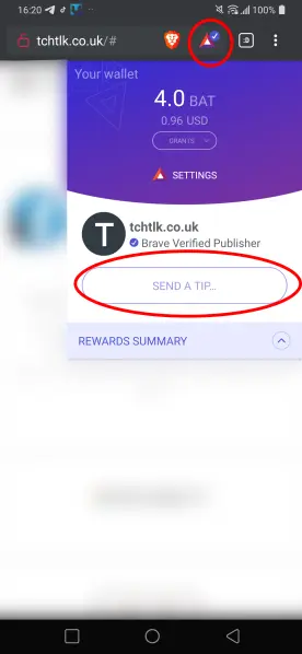 A screenshot containing the BAT rewards balloon to send a tip