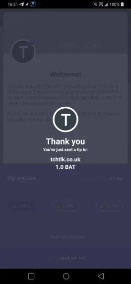 A confirmation message for the tip of 1 BAT sent to my channel