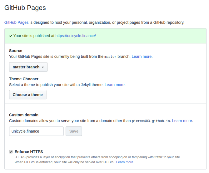 github pages for unicycle.finance