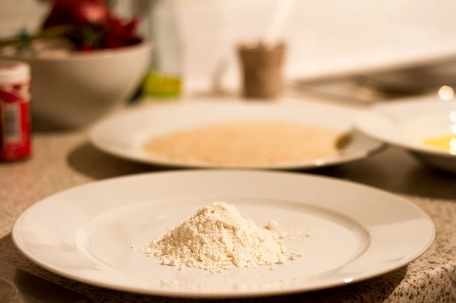 flour, eggs, ground breadcrumbs