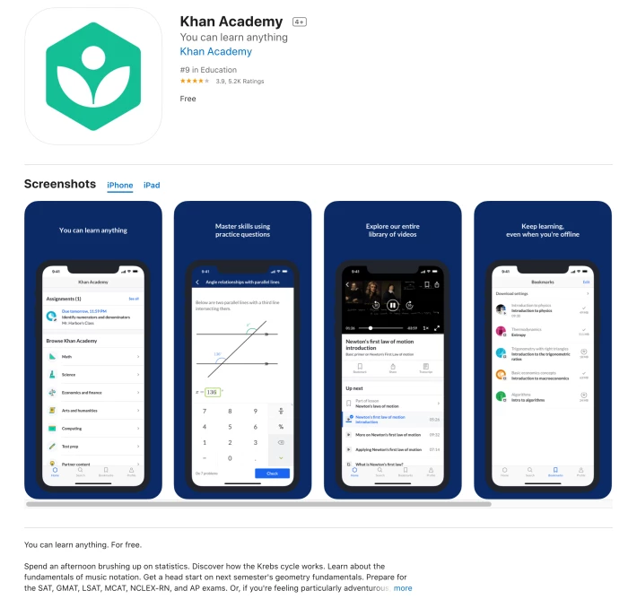 Kahn Academy app store preview