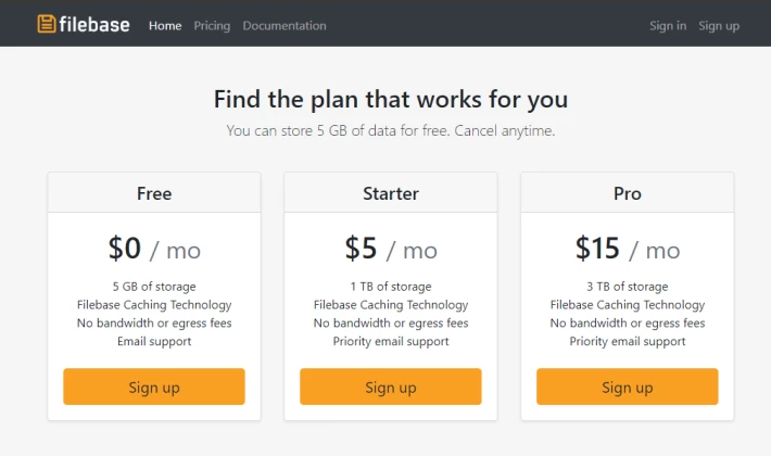 FileBase pricing screenshot