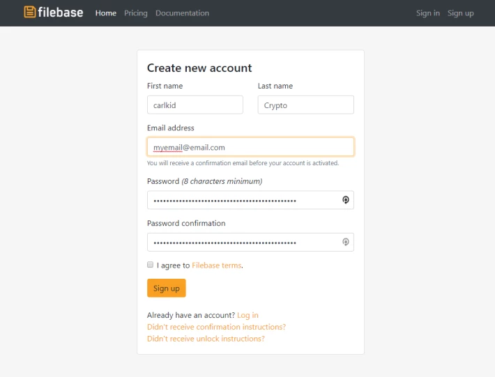 Filebase signup screenshot