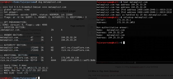 Figure 2.3 Dig, host, and nslookup on metasploit.com.
