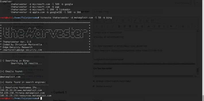 Figure 2.4 Using the harvester on metasploit.com.
