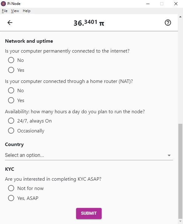 Pi Network desktop interface Pi Node application Submit button